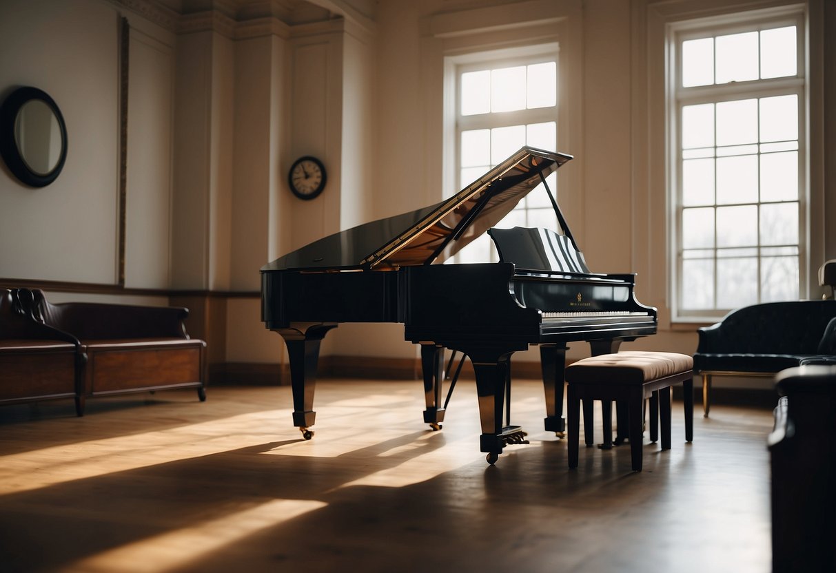 A bright room with a grand piano and music sheets. A teacher and student sit together, the student eagerly learning