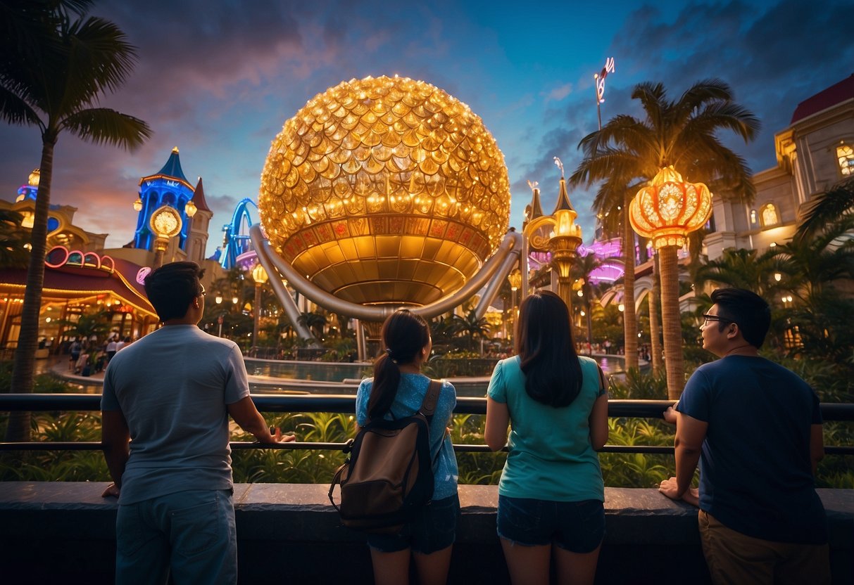 Visitors marvel at the vibrant lights and thrilling rides at Universal Studios Singapore, surrounded by the enchanting atmosphere of the park