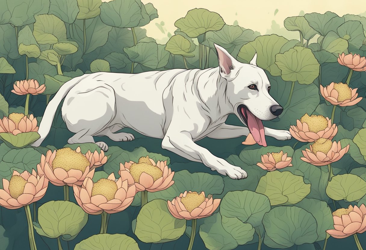A dog sniffs a pile of lotus roots, hesitates, then takes a cautious bite.