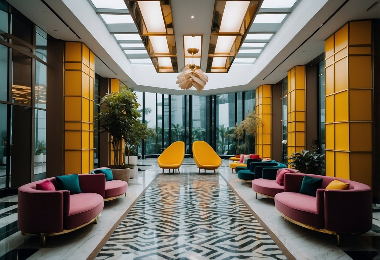 A modern lobby with geometric patterns and bold colors at Mondrian Hotel Singapore