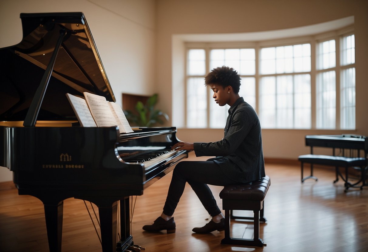 A student sits at a grand piano, surrounded by music theory books and sheet music. A metronome ticks rhythmically as the student practices scales and arpeggios, focused and determined