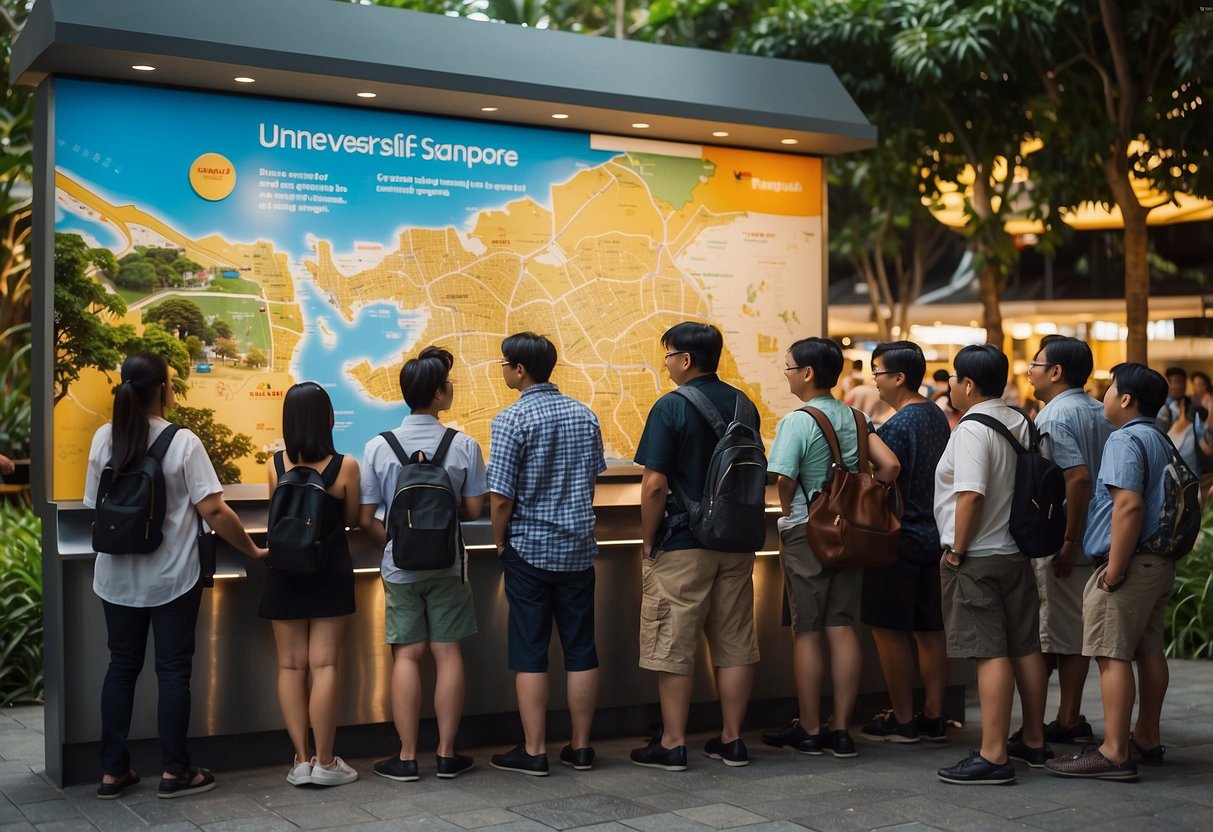 Guests line up at the information booth, eagerly asking staff for directions to Universal Studios Singapore. Signs and maps are displayed prominently, guiding visitors to the popular attraction