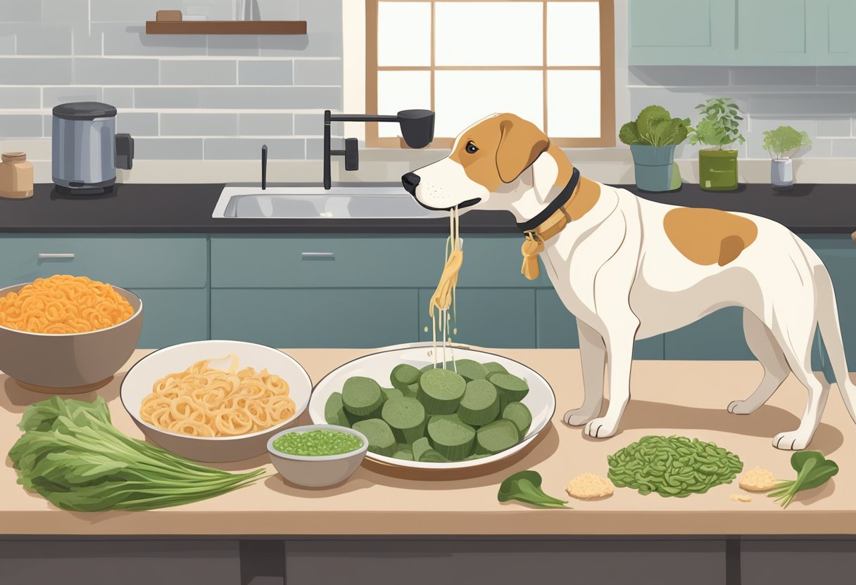 A dog eagerly watches as lotus roots are washed, peeled, and sliced. Canine-friendly ingredients are added, and the dish is served.