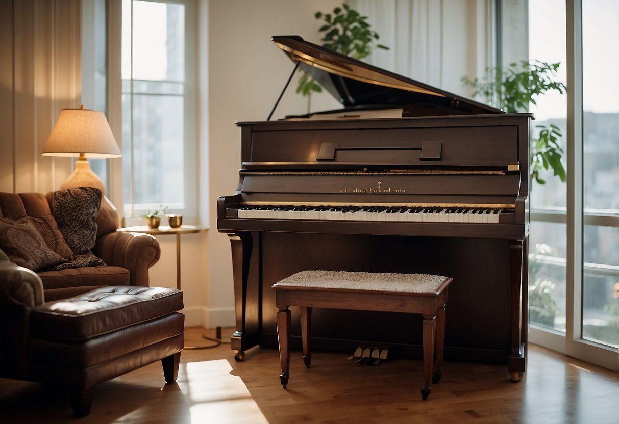 A piano with a stack of music books beside it, a metronome, and a comfortable chair in a well-lit room