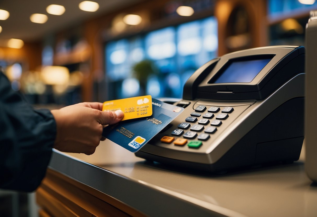 A person swiping a NETS card at a payment terminal in a store