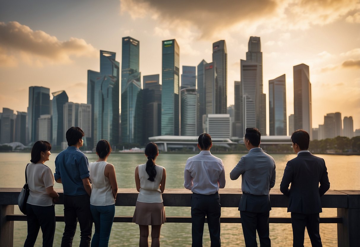 A group of people gather around a large "Frequently Asked Questions" sign with the skyline of Singapore in the background