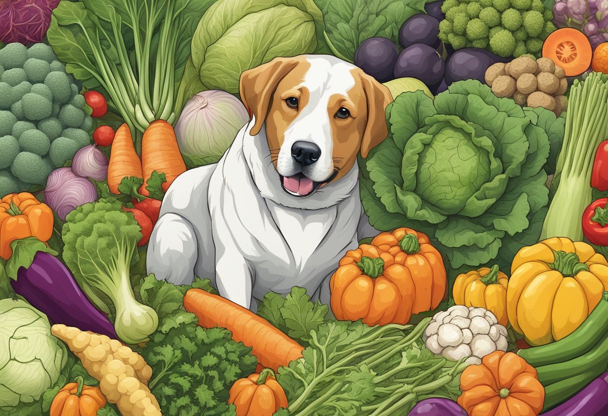 A dog surrounded by various dog-friendly vegetables, with a focus on alternative options to lotus root. The dog is eagerly sniffing and inspecting the different vegetables.