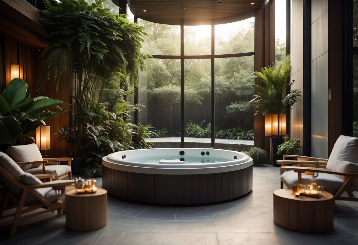 A serene spa with modern decor, soft lighting, and lush greenery. A tranquil atmosphere with comfortable seating and soothing music