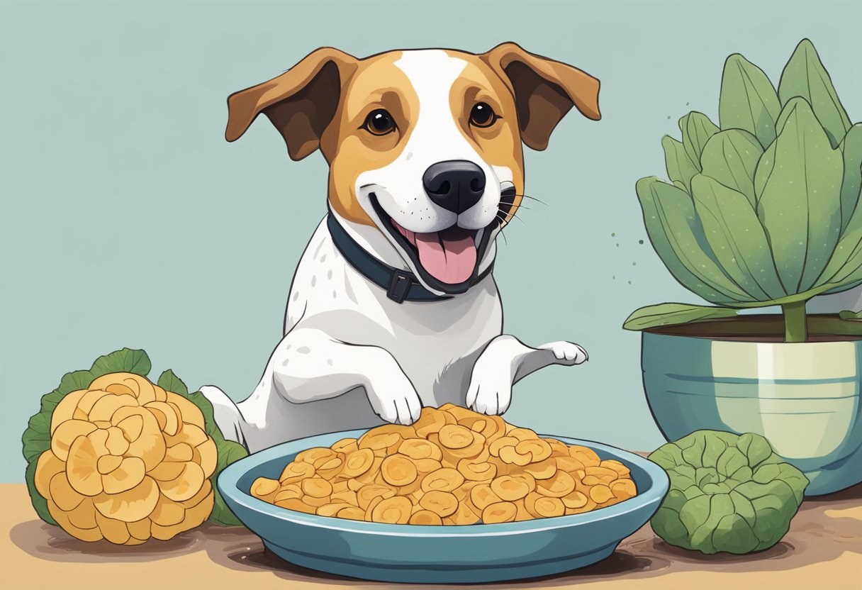 A happy dog sits in front of a bowl filled with sliced lotus root. Its tail wags as it eagerly sniffs the unique vegetable, showing excitement to try something new