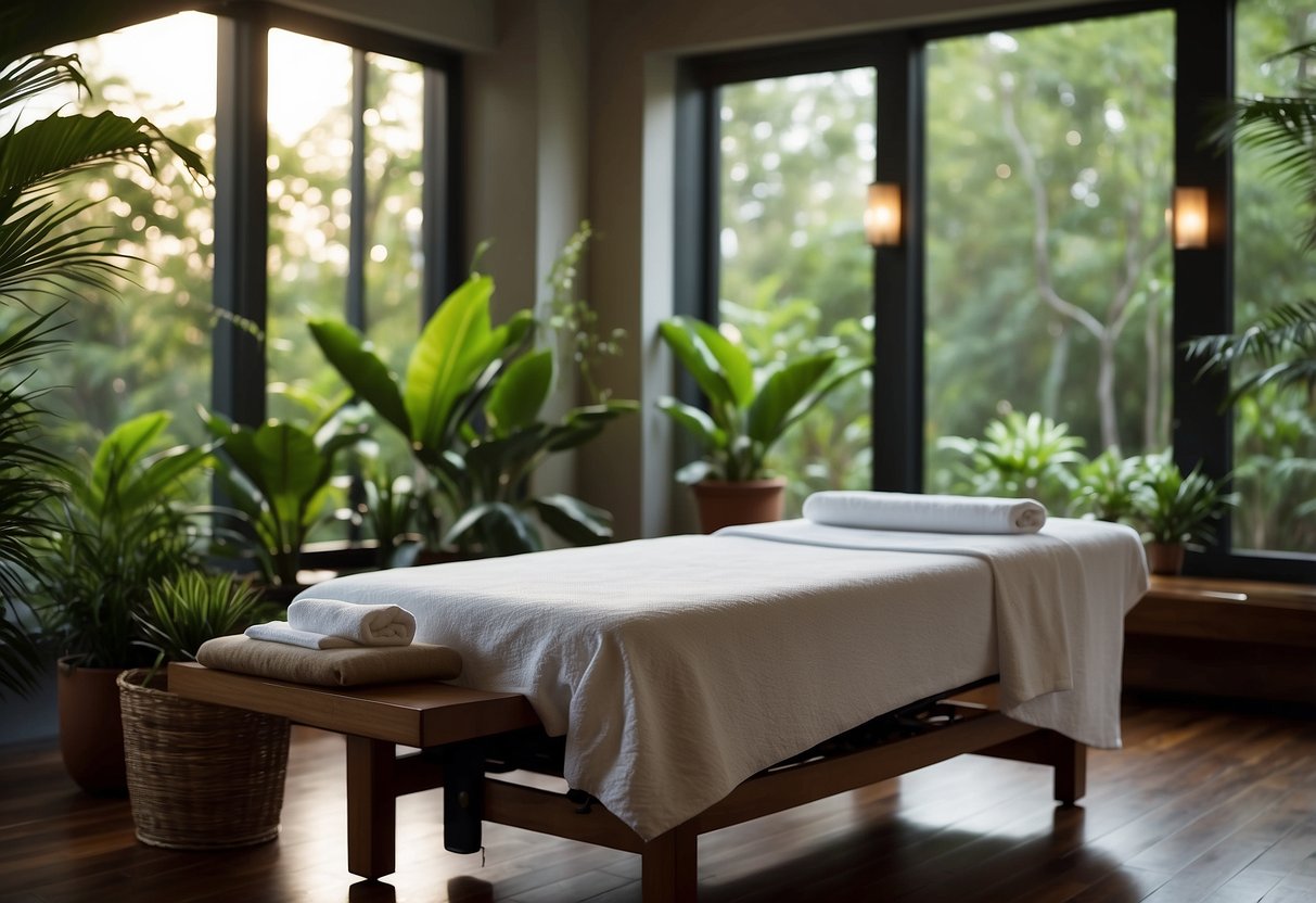 A serene spa room with dim lighting, lush greenery, and a tranquil water feature. A massage table is set with luxurious linens and aromatic oils