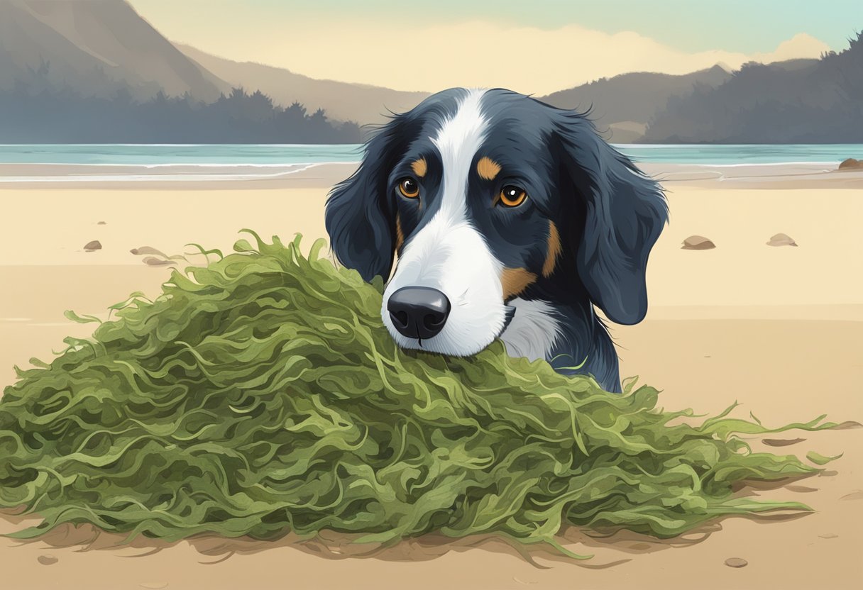 A dog eagerly sniffs a pile of seaweed on the sandy beach, with a curious expression and wagging tail