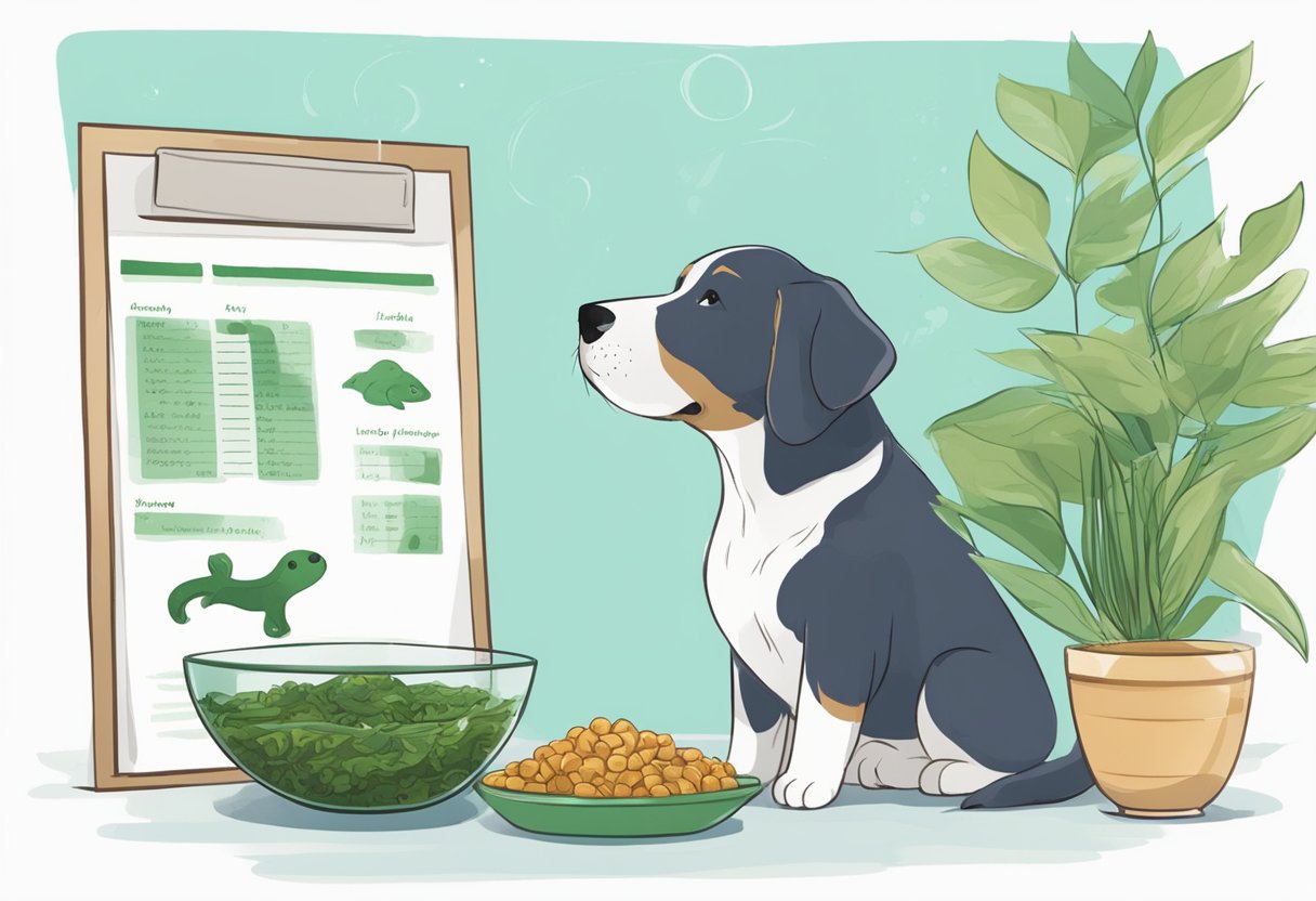A dog eagerly sniffs a bowl of seaweed while a nutritional profile chart hovers nearby. The dog's owner watches attentively, wondering if seaweed is safe for their pet