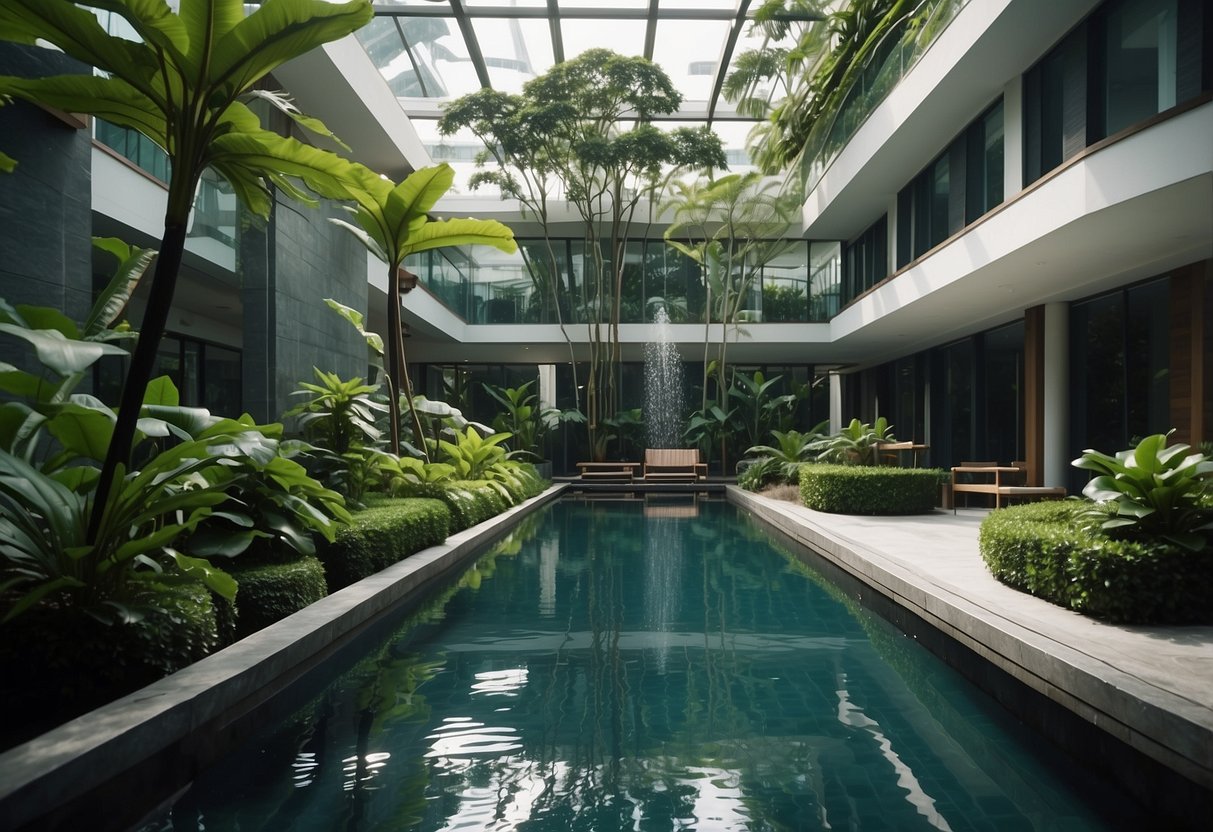A serene spa setting with lush greenery, tranquil water features, and modern architecture in Singapore's premier spa destinations