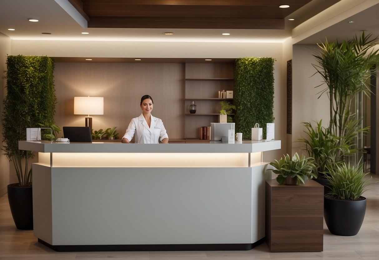 A serene spa reception area with a sleek, modern design. A friendly staff member assists a customer at the front desk. Comfortable seating and lush greenery create a welcoming atmosphere
