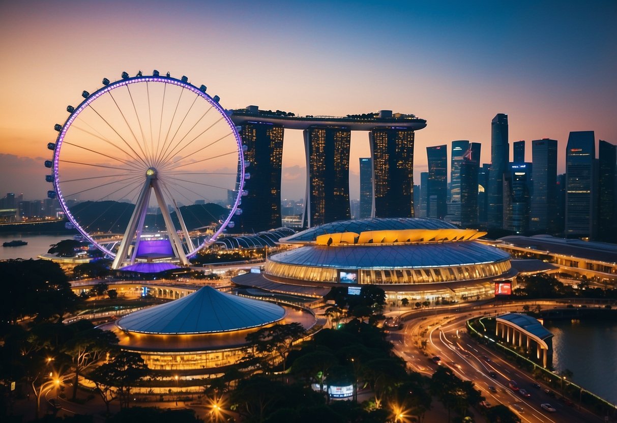 A bustling Singapore street with colorful shophouses, bustling markets, and vibrant street vendors. The iconic Marina Bay Sands and the Singapore Flyer stand tall in the background