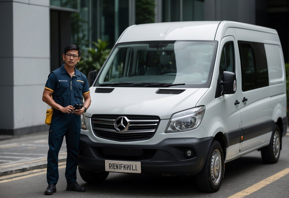 A Rentokil van parked outside a Singaporean building, with a technician in uniform inspecting for pests