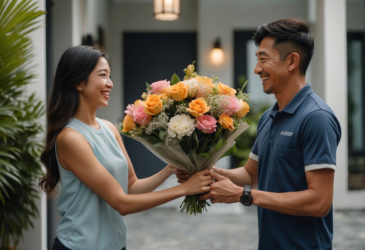 A delivery person hands over a bouquet of fresh flowers to a smiling recipient at their front door in Singapore
