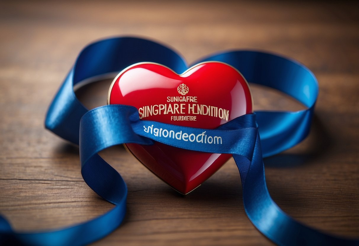 A vibrant red heart symbol surrounded by a blue ribbon, with the words "Singapore Heart Foundation" written in bold, elegant lettering