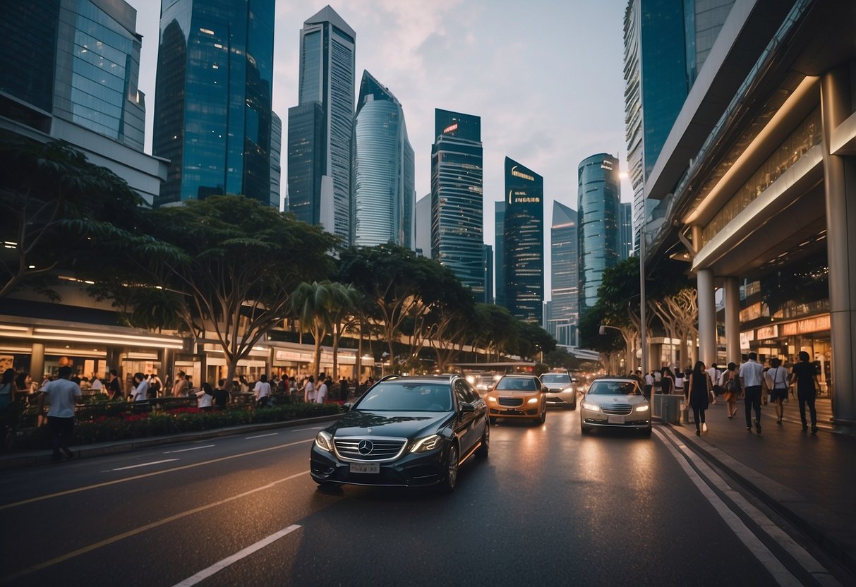 A bustling city street in Singapore with iconic landmarks and modern transportation