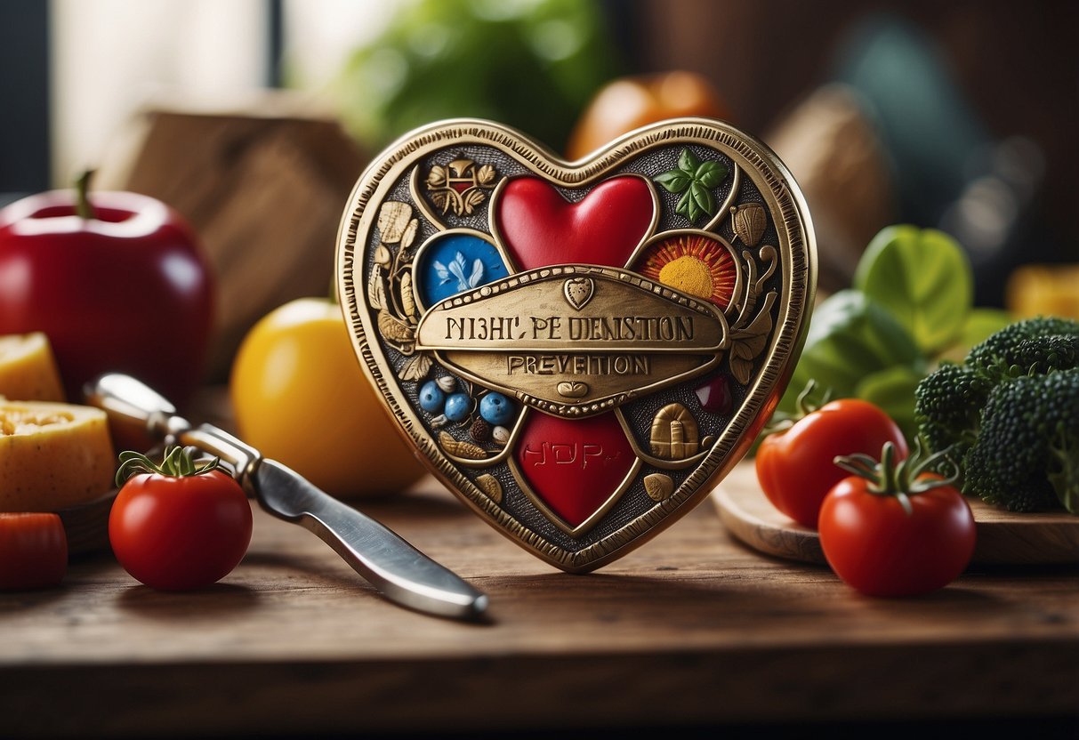 A vibrant heart surrounded by healthy lifestyle symbols and a shield with "Heart Health and Disease Prevention" text