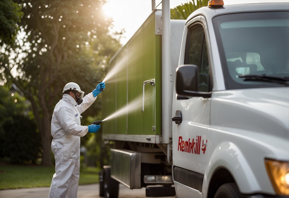 A technician in uniform sprays pesticide in a residential area with the Rentokil logo visible on the truck