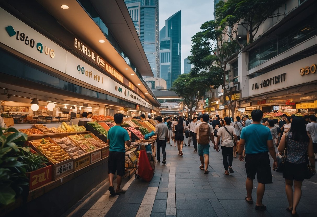 A bustling marketplace with colorful displays of products and busy shoppers, featuring the prominent "Q0010 Singapore" signage