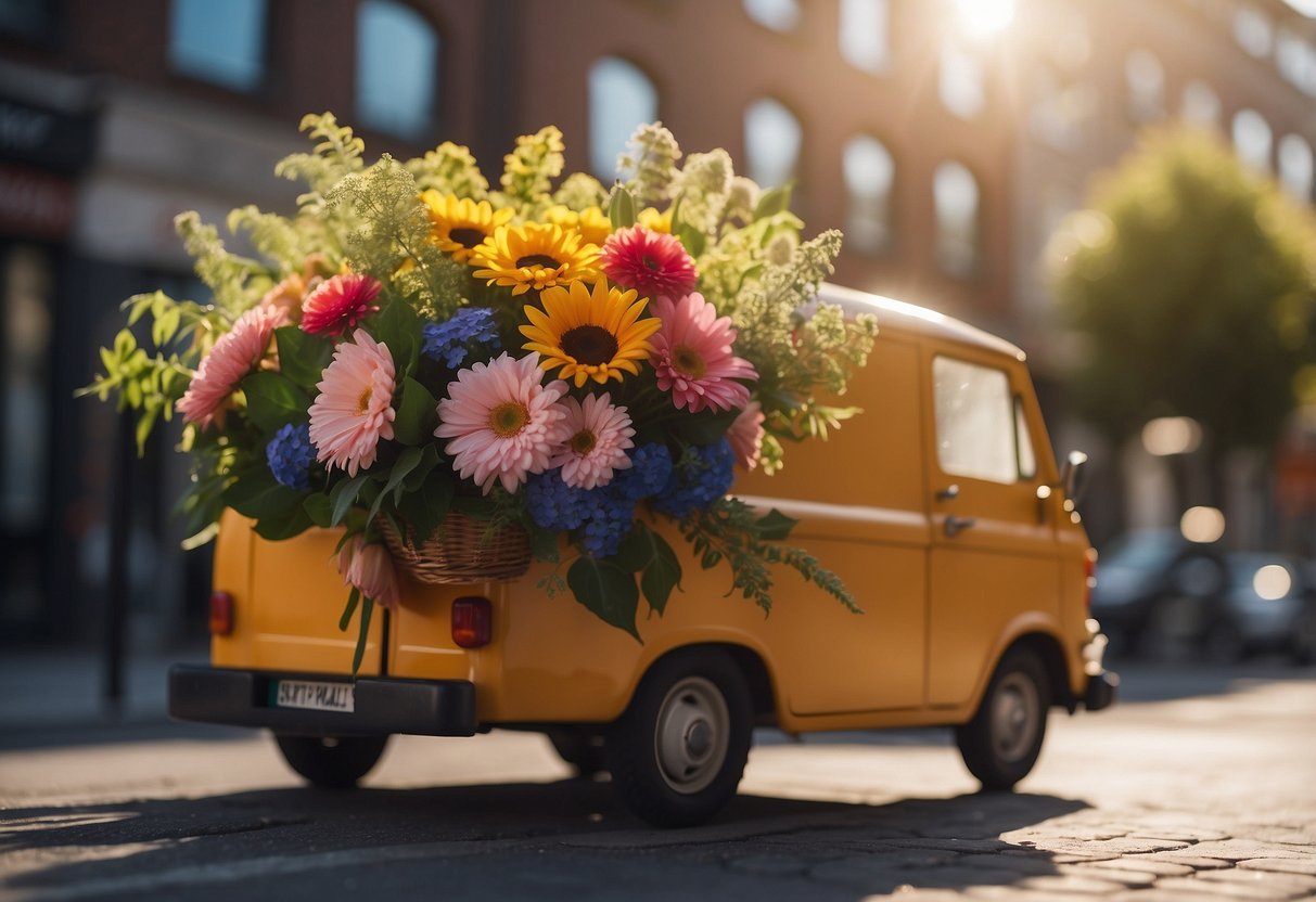 A delivery van speeds through city streets, carrying a vibrant bouquet of flowers. The sun shines overhead as the van arrives at a doorstep
