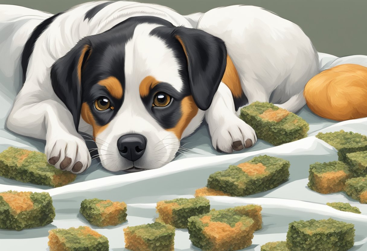 A dog eagerly munches on a sheet of nori, wagging its tail in delight.