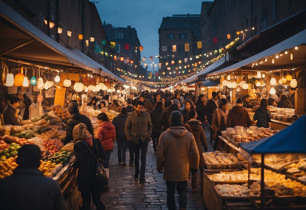 A bustling marketplace with colorful stalls, busy shoppers, and vendors selling a variety of products. The atmosphere is lively and energetic