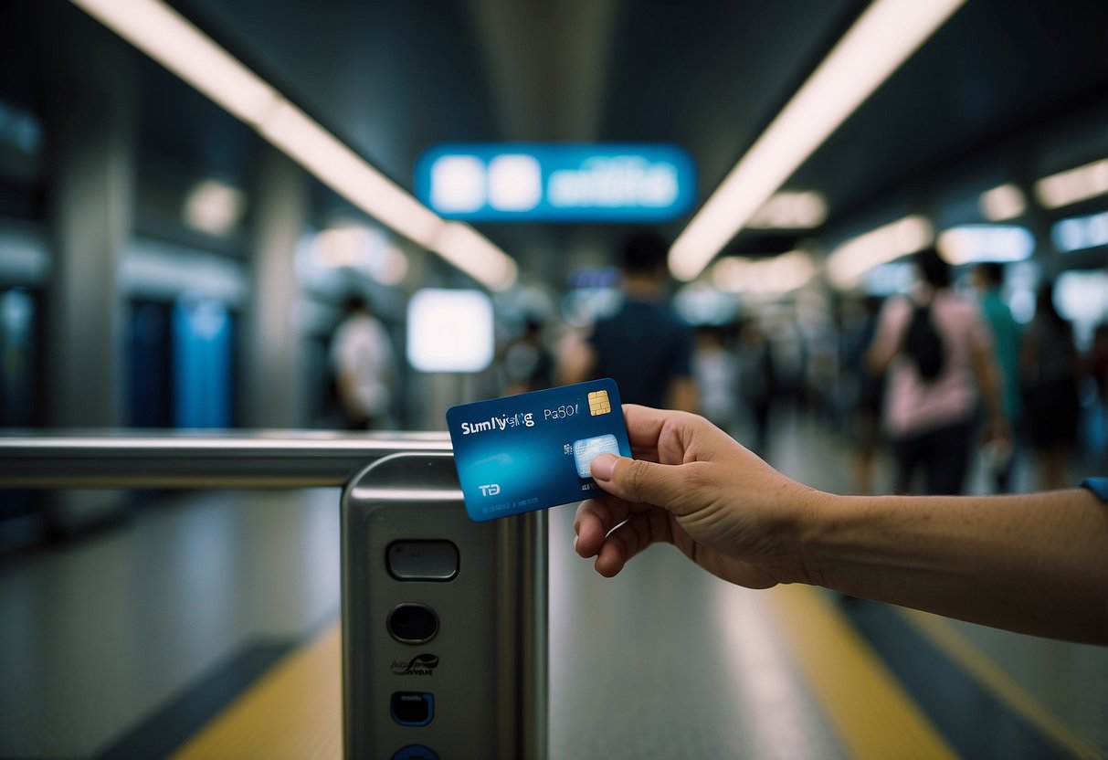 A person swipes a SimplyGo card at a train station turnstile during their daily commute in Singapore