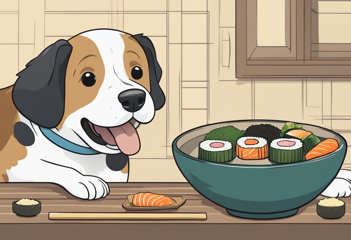 A dog eagerly sniffs a sheet of nori, while a bowl of sushi sits nearby. The dog's tail wags, showing excitement.