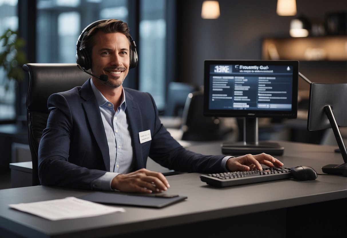A customer service representative answering questions at a desk, with a computer and phone nearby. A sign with "Frequently Asked Questions" displayed prominently