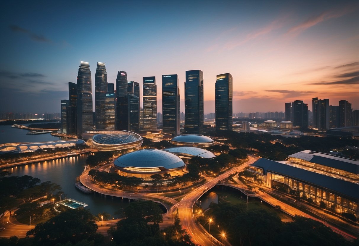 Vibrant cityscape of Singapore with iconic landmarks and bustling streets