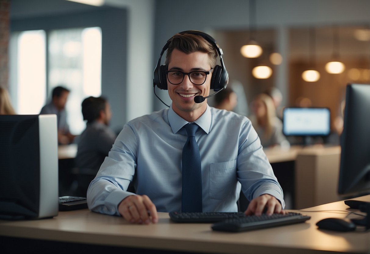 A customer service representative answering questions at a desk with a computer and phone nearby