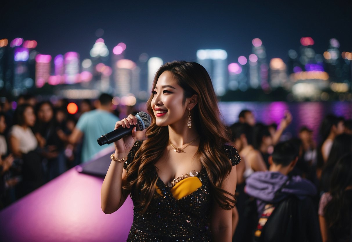 Itzy's Musical Journey: A vibrant stage with colorful lights, a crowd of cheering fans, and the iconic skyline of Singapore in the background
