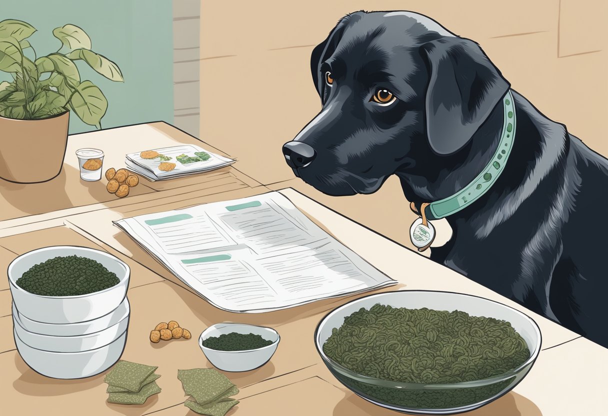 A dog eagerly sniffs a sheet of nori while a bowl of dog-friendly nori snacks sits nearby, showcasing the nutritional benefits for canines.