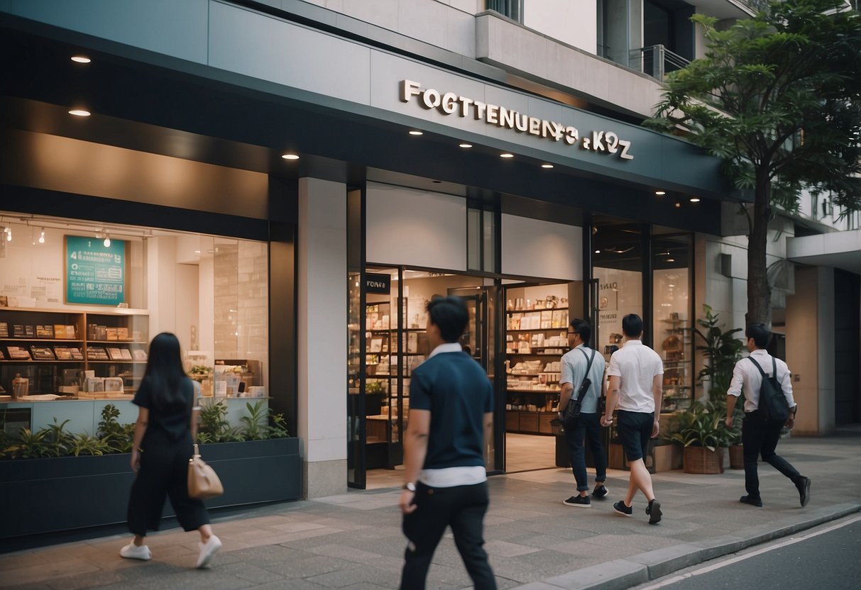A bustling city street with a prominent sign for "Frequently Asked Questions itzy singapore" above a modern storefront. Pedestrians walk by, some stopping to read the sign