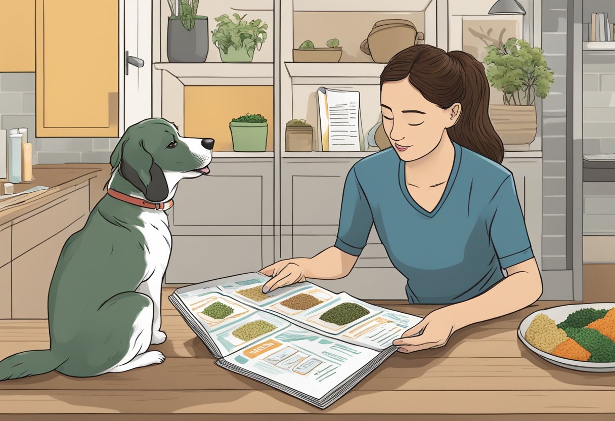 A dog eagerly sniffs a piece of nori while a cautious owner holds a pamphlet listing safe foods for dogs