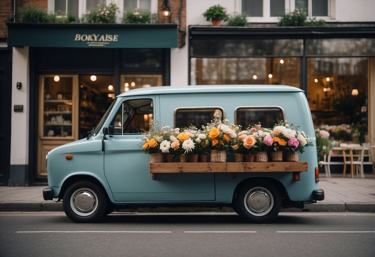 A delivery van parked outside a flower shop, with a delivery person handing a bouquet to a customer