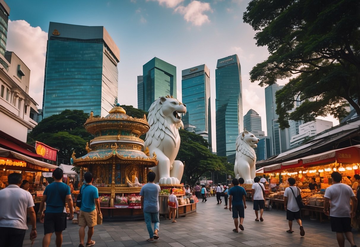 A bustling street in Singapore, with colorful buildings and street vendors selling traditional food and goods. The iconic Merlion statue stands tall in the distance
