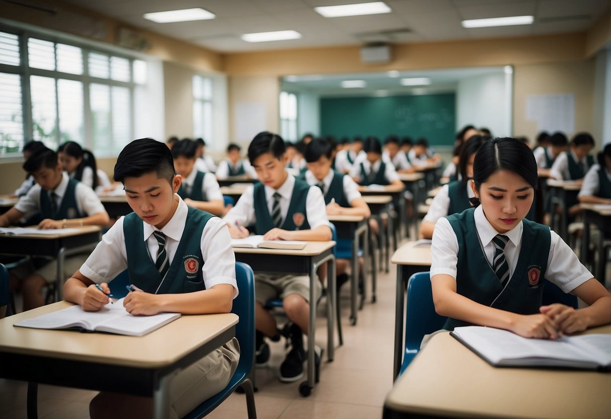 A bustling classroom in Singapore, with students eagerly taking the JLPT exam, surrounded by desks and study materials