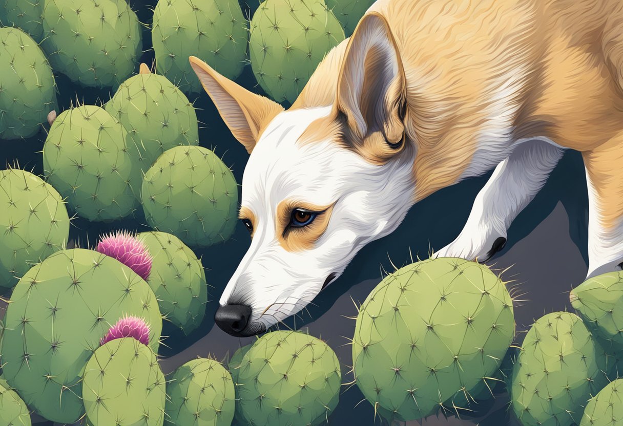 A dog sniffing a prickly pear fruit with curiosity.