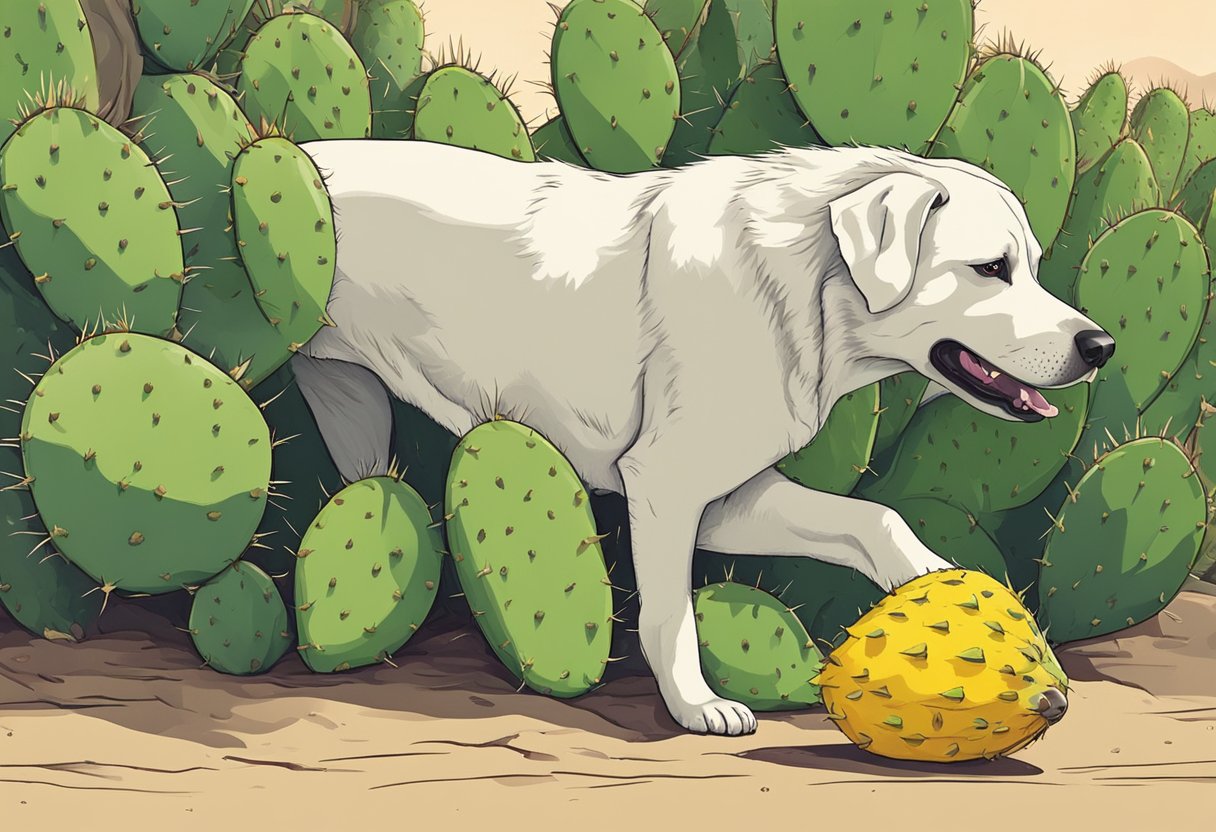 A dog eagerly eats prickly pear fruit from a safe distance, with no humans nearby.