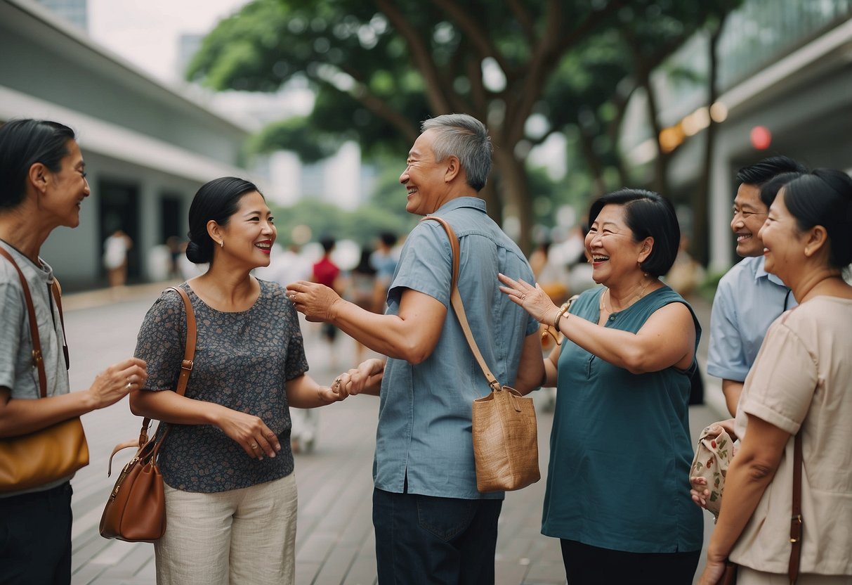 A group of diverse people in Singapore engaging in acts of kindness, such as helping each other, sharing resources, and showing compassion