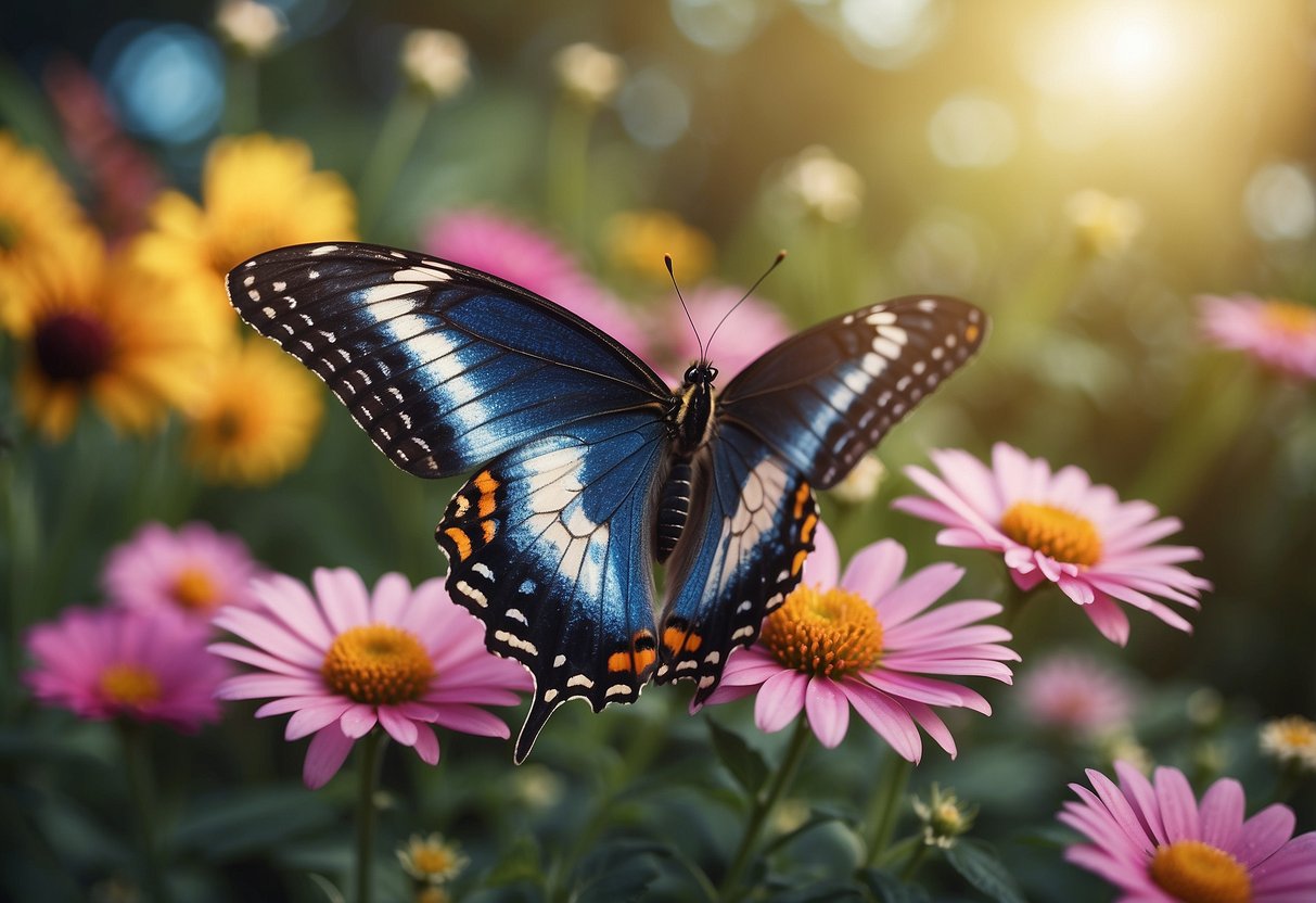 A serene garden with colorful flowers and gentle butterflies, surrounded by smiling faces and helpful gestures
