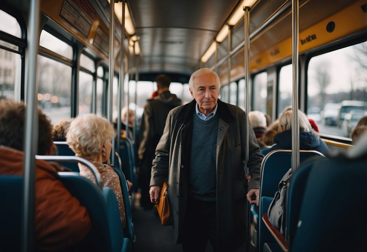 A person holds the door open for someone with their hands full, while another person offers a seat to an elderly individual on a crowded bus