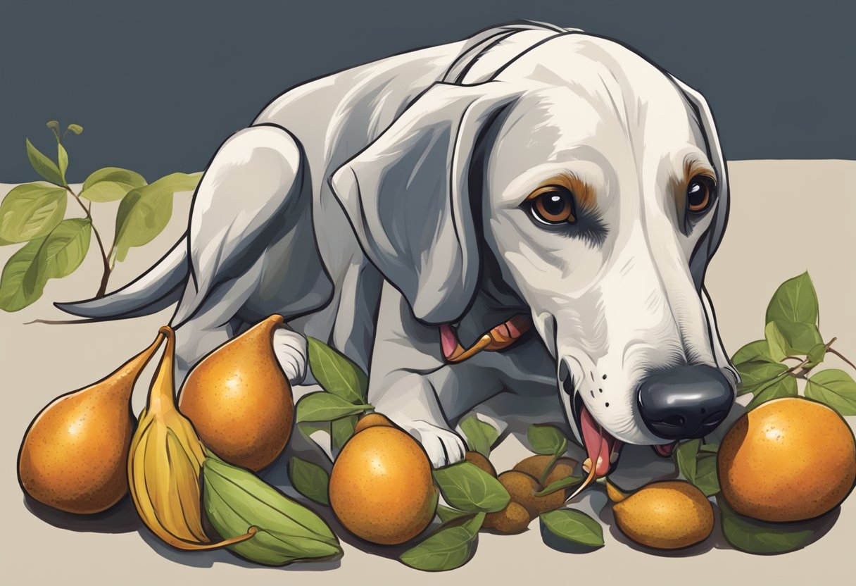 A dog eagerly sniffs a ripe tamarind fruit, while its tongue licks the tangy flesh, and its tail wags in delight.