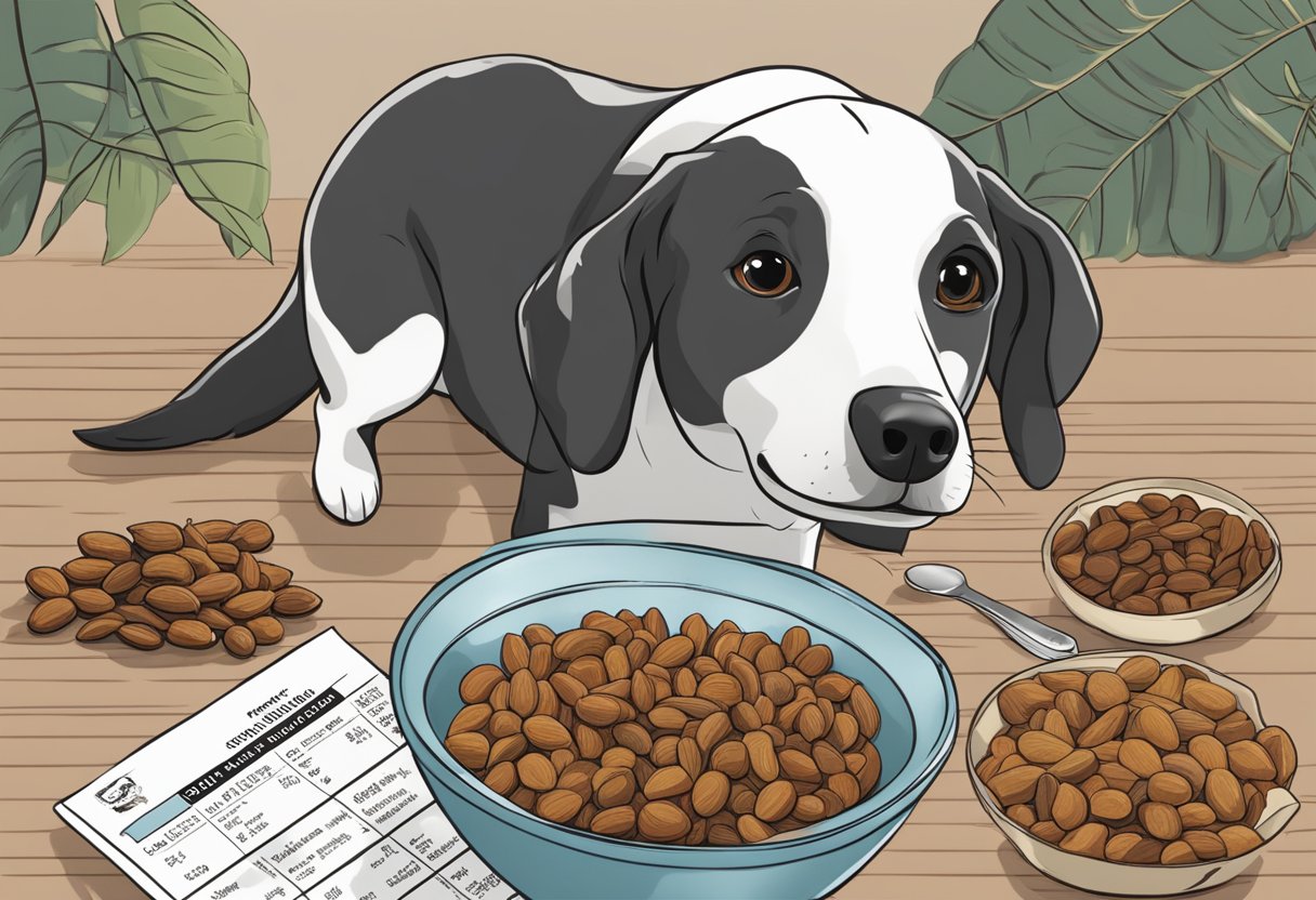 A dog eagerly sniffs a bowl of tamarind, while a nutrition label and a pile of tamarind pods sit nearby.