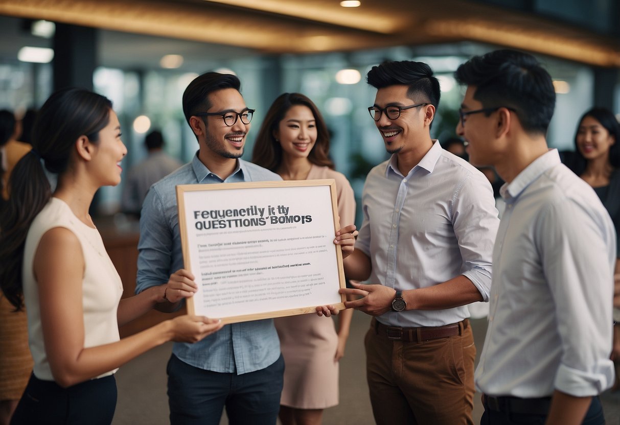 A group of diverse people in Singapore, smiling and helping each other with a "Frequently Asked Questions" board in the background