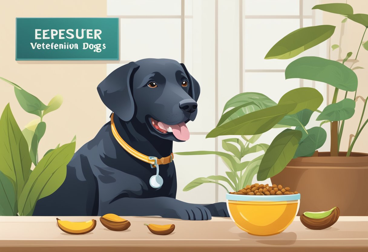 A dog happily munches on tamarind fruit, while a bowl of fresh water sits nearby. A veterinarian-approved sign is displayed, promoting safe feeding practices for dogs.
